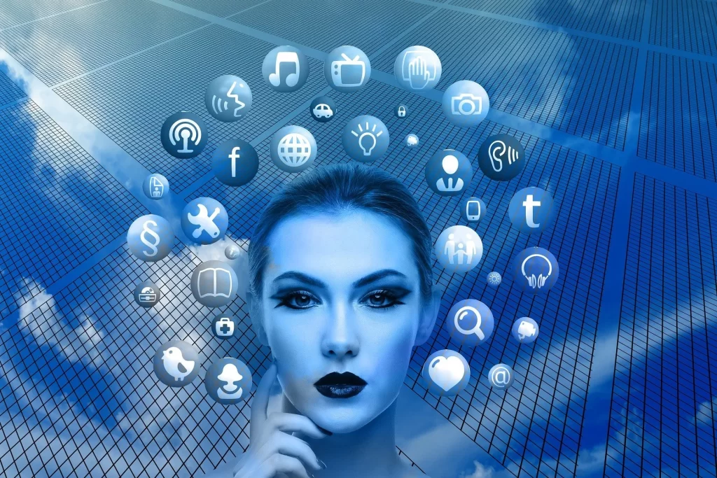 graphic edit of woman in thinking pose with social media app icons around